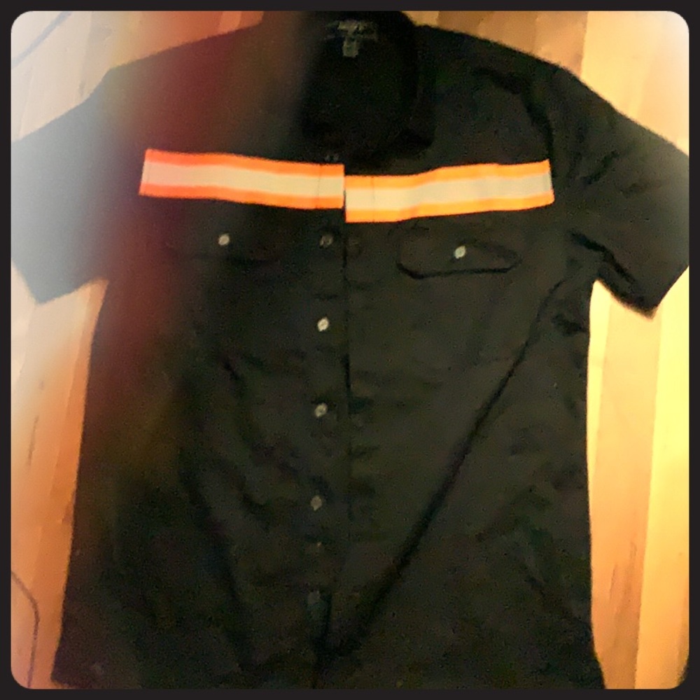 Black button down tee shirt with orange stripes